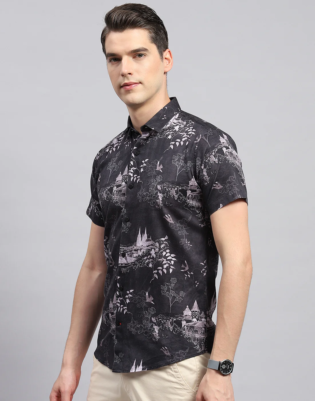 Men Black Printed Collar Neck Half Sleeve Shirt - Image 4