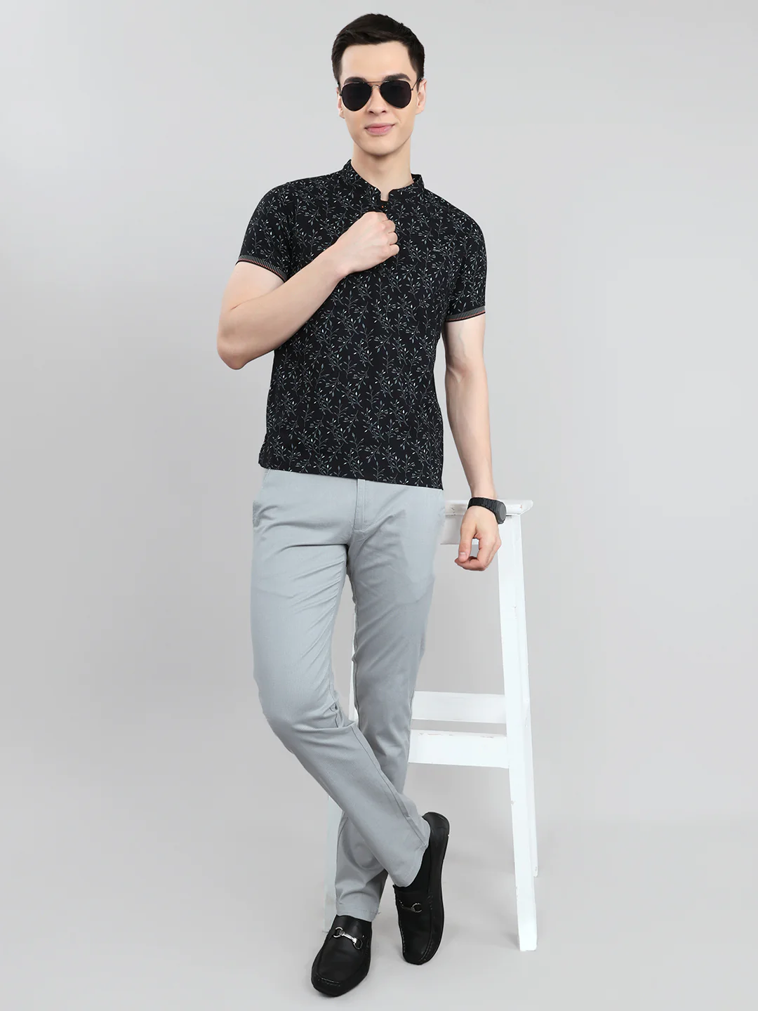 Men Black Printed Henley Neck Half Sleeve T-Shirt - Image 6