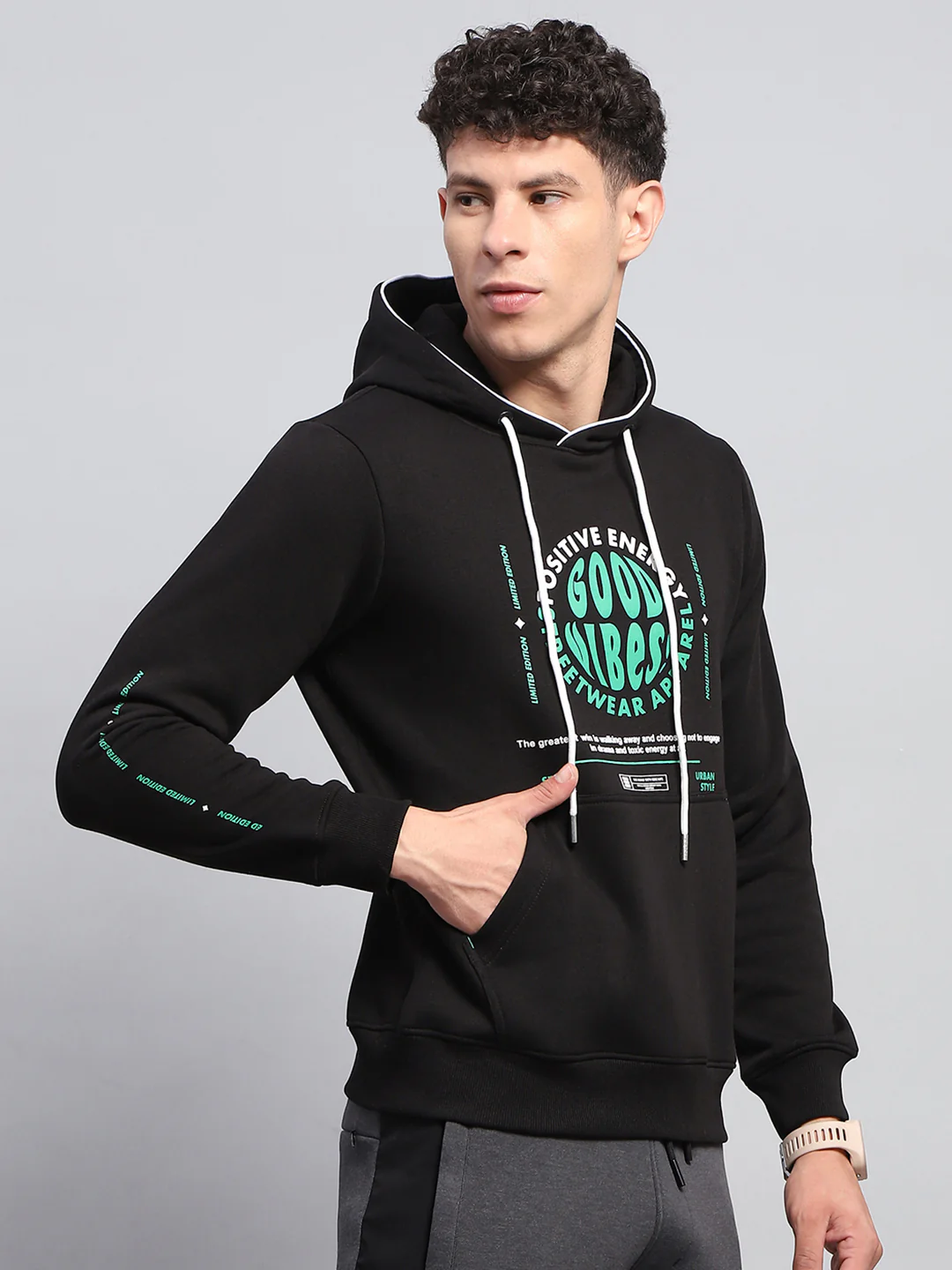 Rock.it Men Black Printed Hooded Full Sleeve Sweatshirt - Image 4