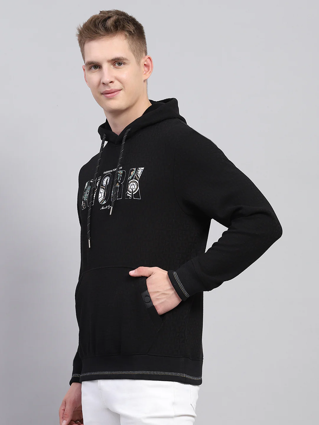 Men Black Printed Hooded Full Sleeve Sweatshirt - Image 3