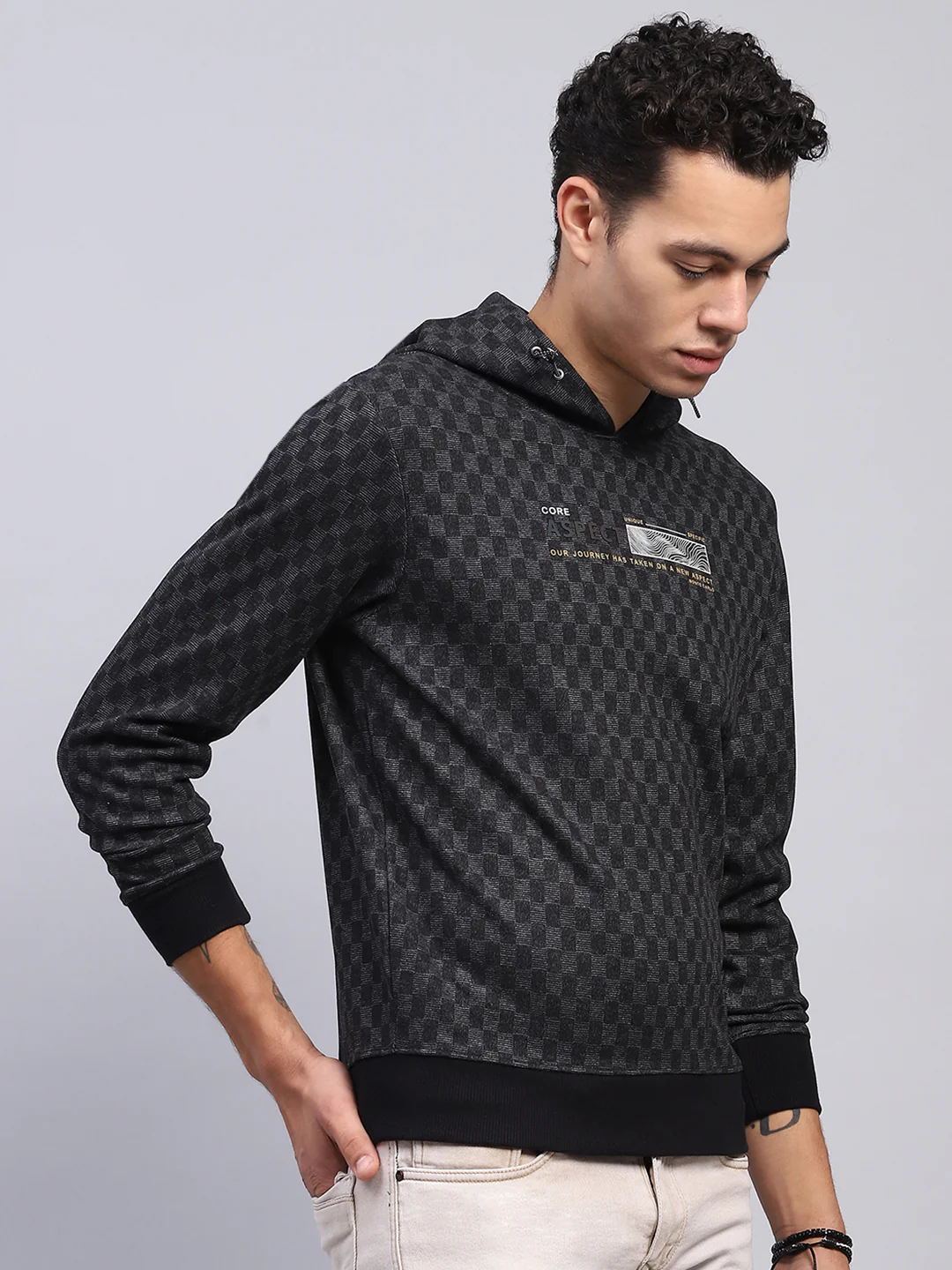Men Black Printed Hooded Full Sleeve Winter T-Shirt - Image 4