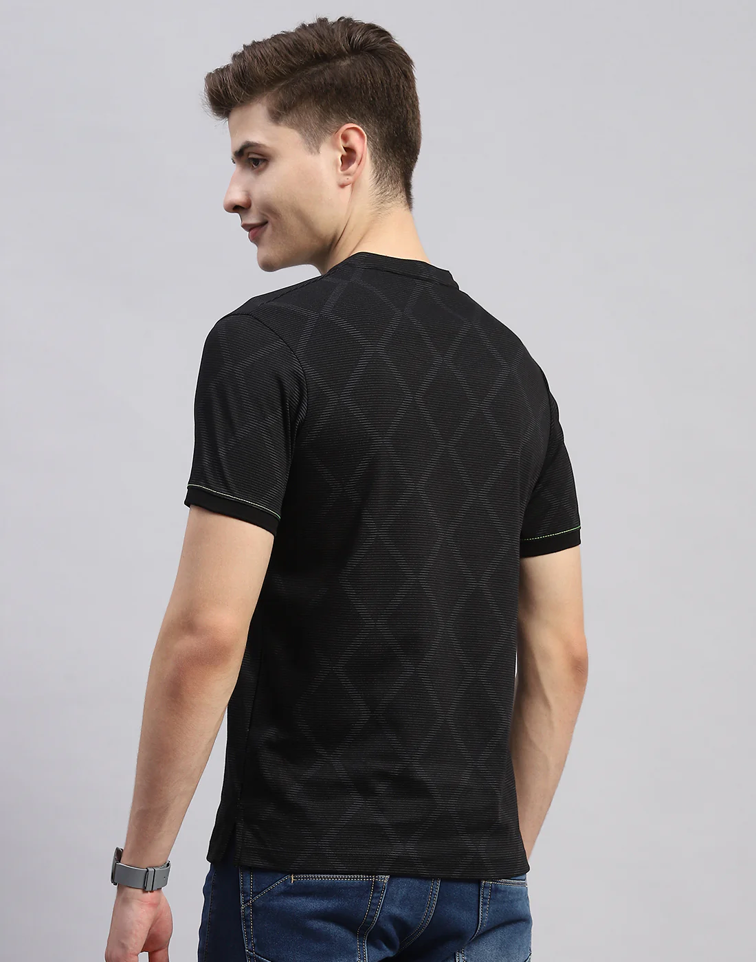 Men Black Printed Mandarin Neck Half Sleeve T-Shirt - Image 5