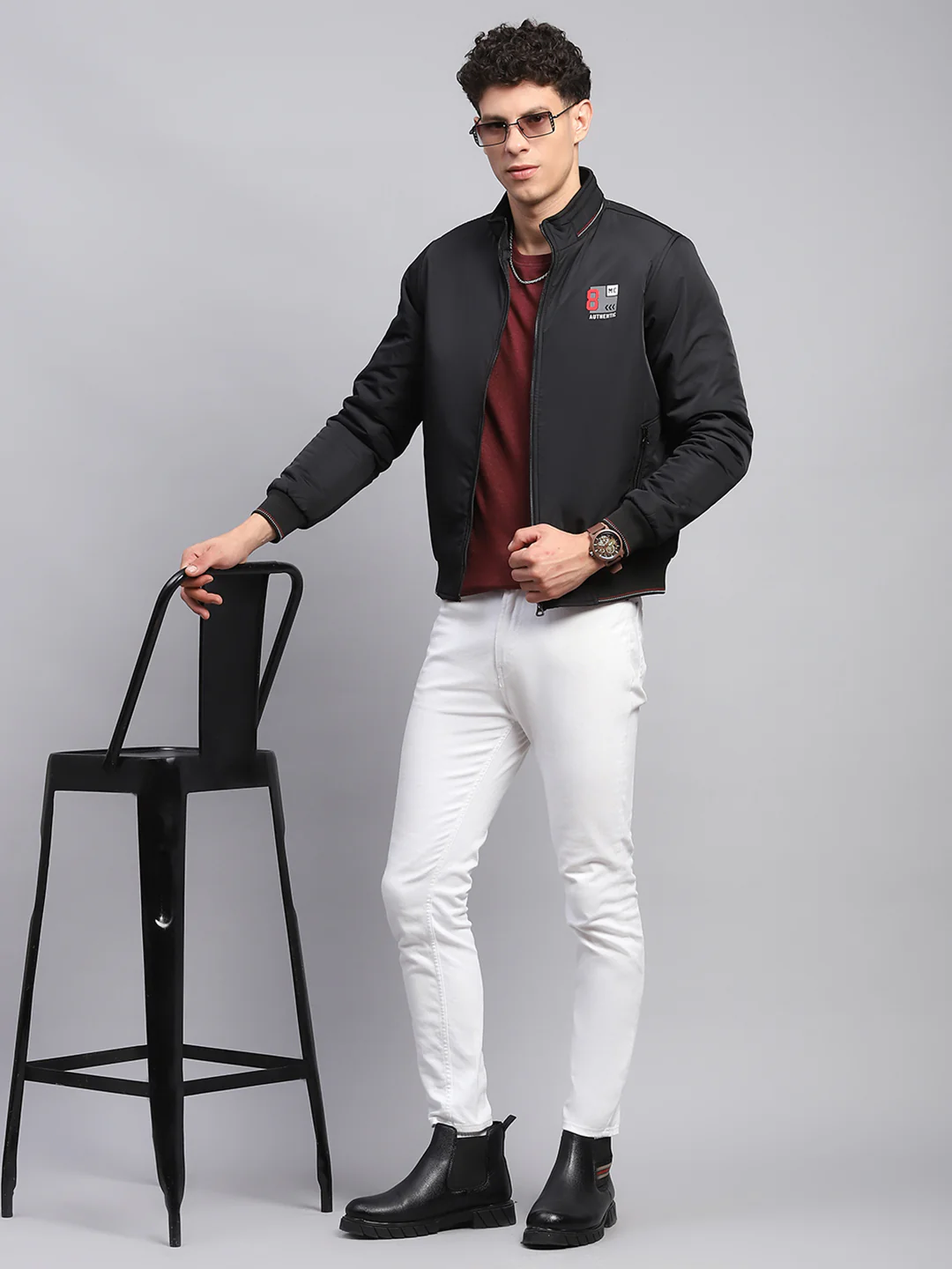 Men Black Printed Mock Neck Full Sleeve Jacket - Image 2