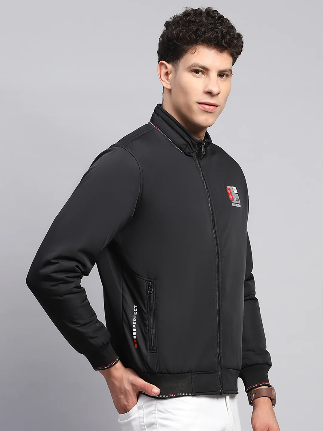 Men Black Printed Mock Neck Full Sleeve Jacket - Image 3