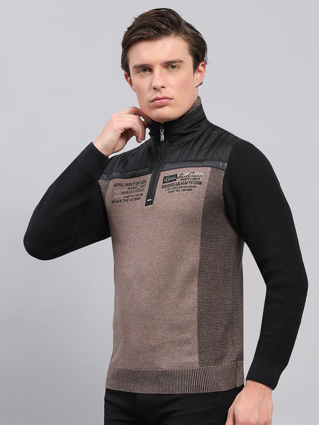 Men Black Printed Mock Neck Full Sleeve Pullover - Image 3