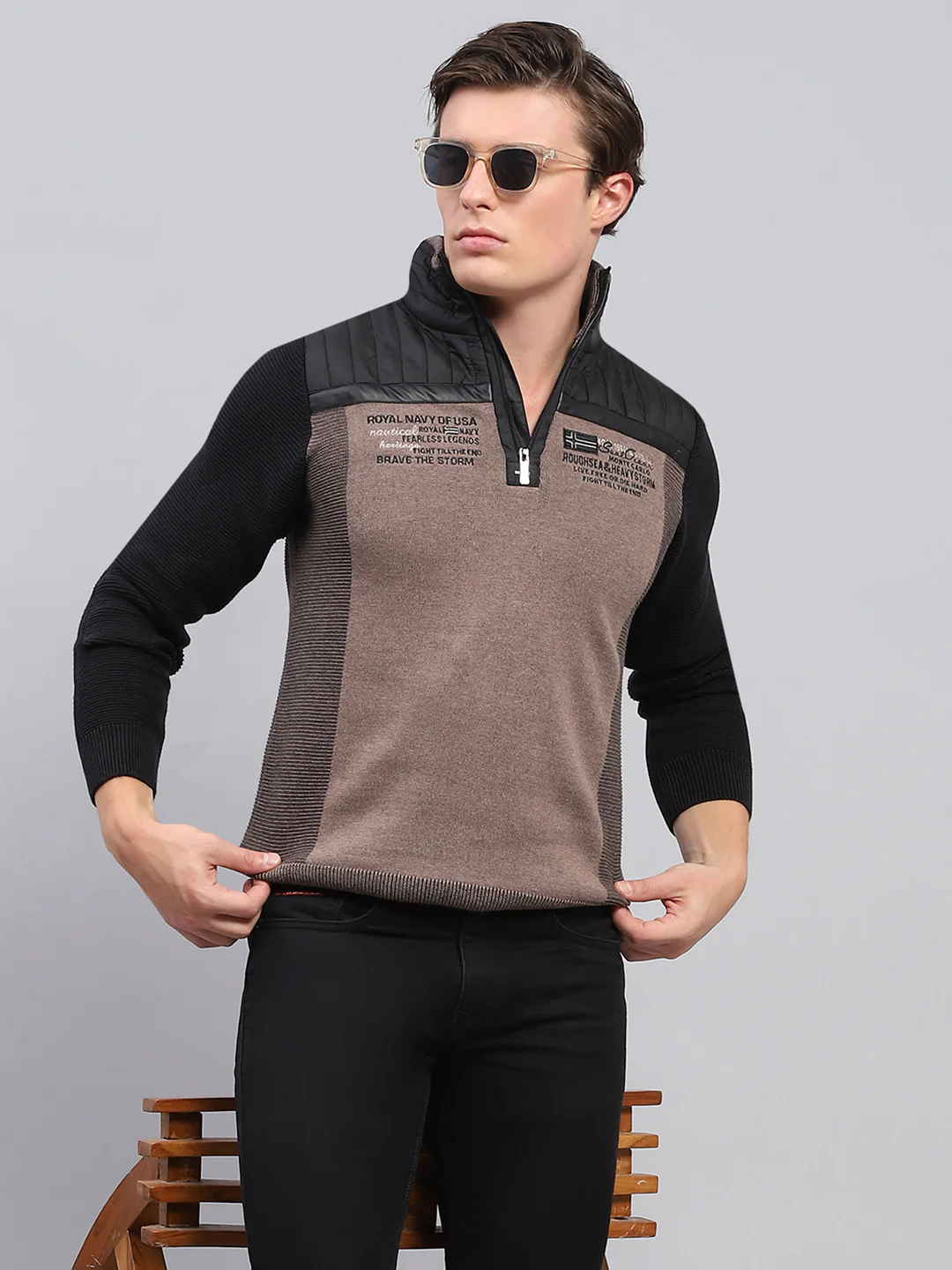 Men Black Printed Mock Neck Full Sleeve Pullover - Image 6