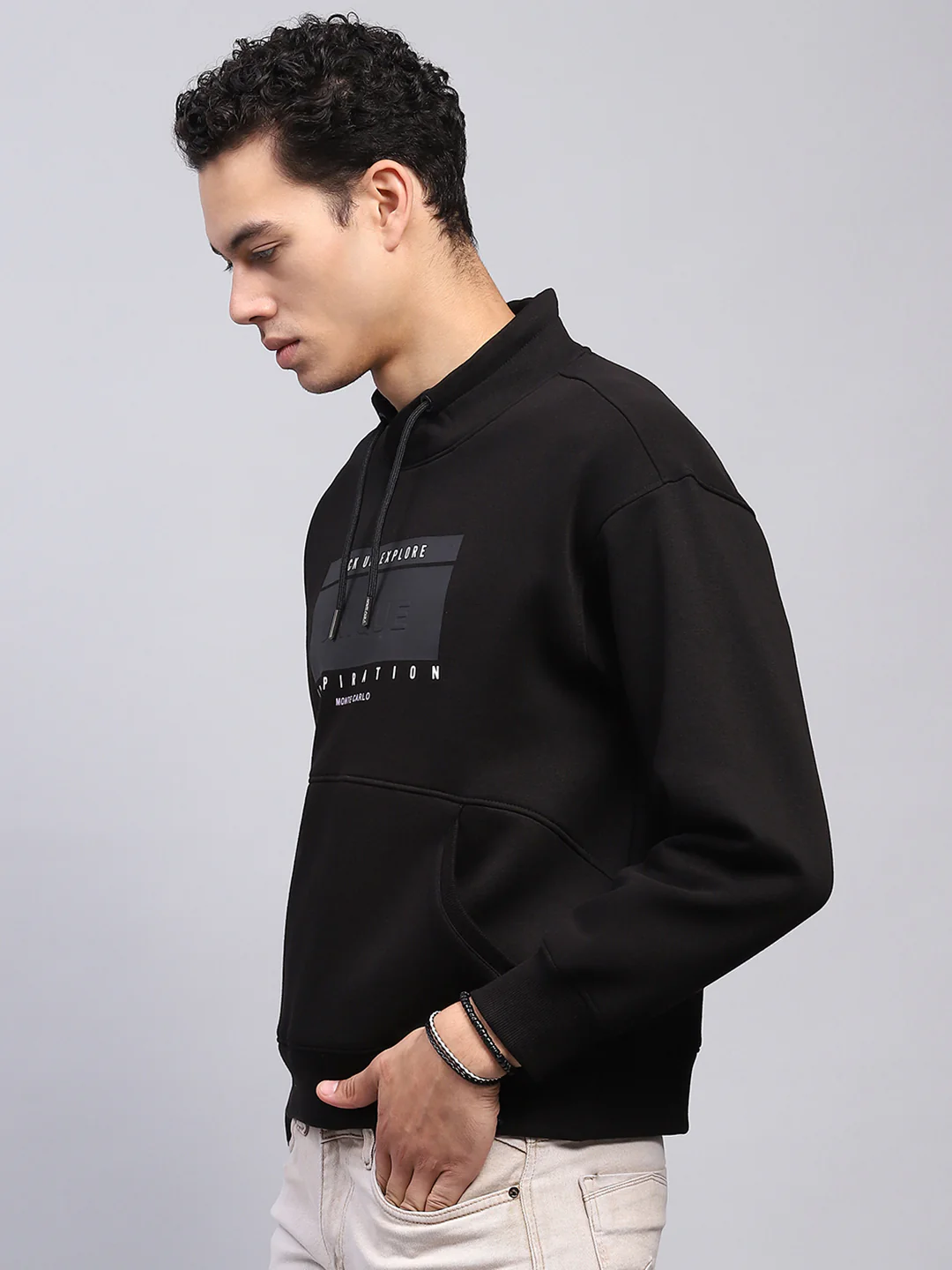 Men Black Printed Mock Neck Full Sleeve Sweatshirt - Image 3