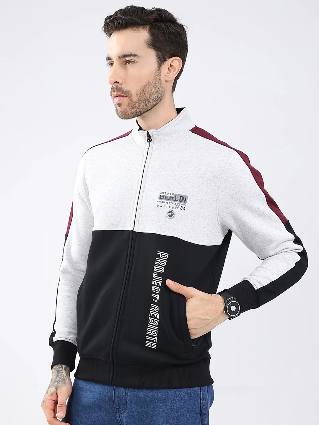 Men Black Printed Mock Neck Full Sleeve Sweatshirt - Image 3