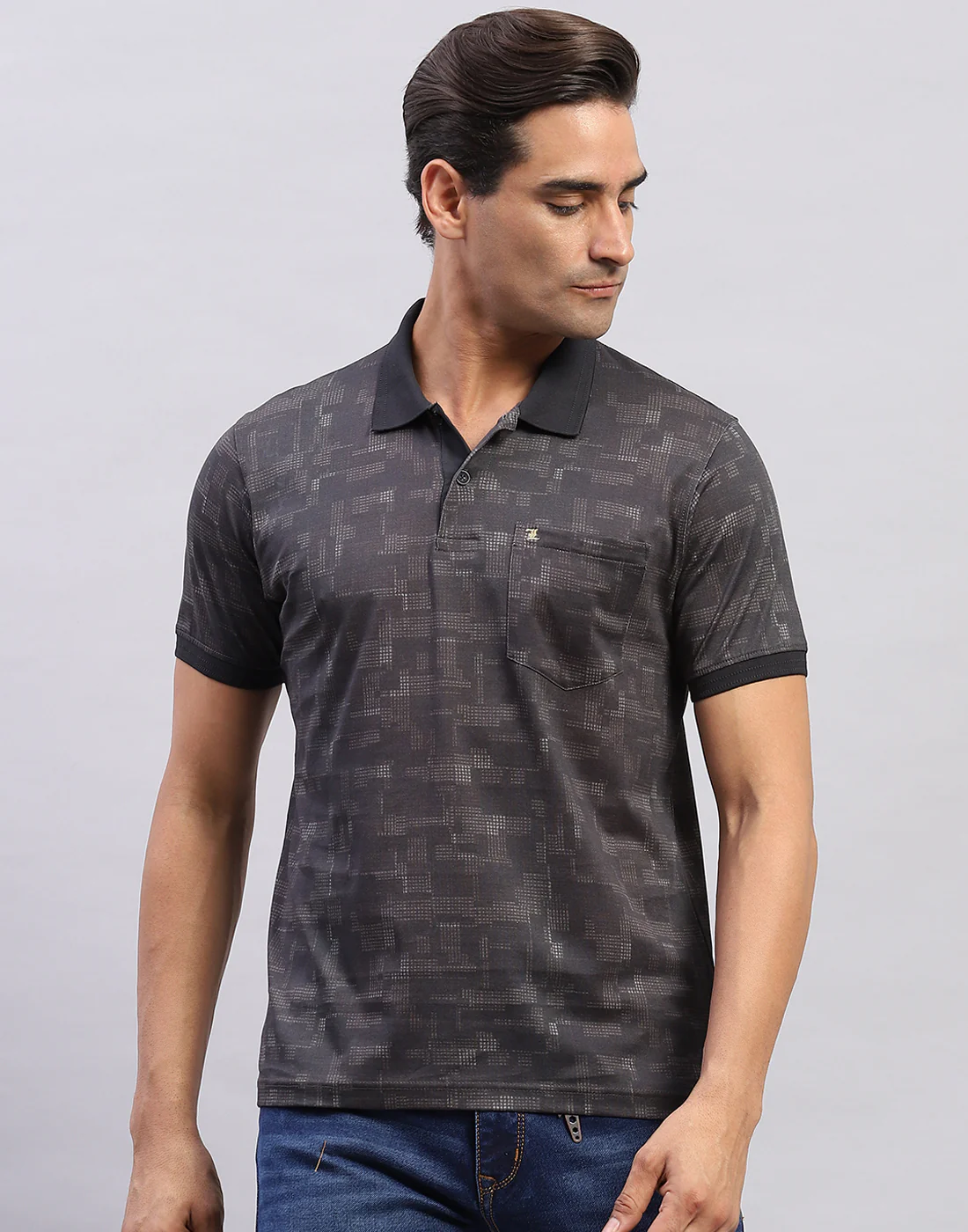 Men Black Printed Polo Collar Half Sleeve T-Shirt - Image 2