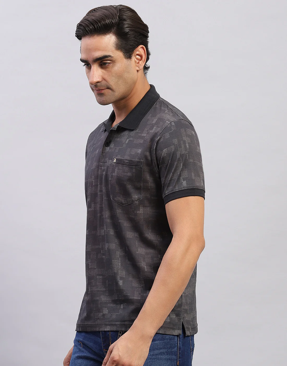 Men Black Printed Polo Collar Half Sleeve T-Shirt - Image 3