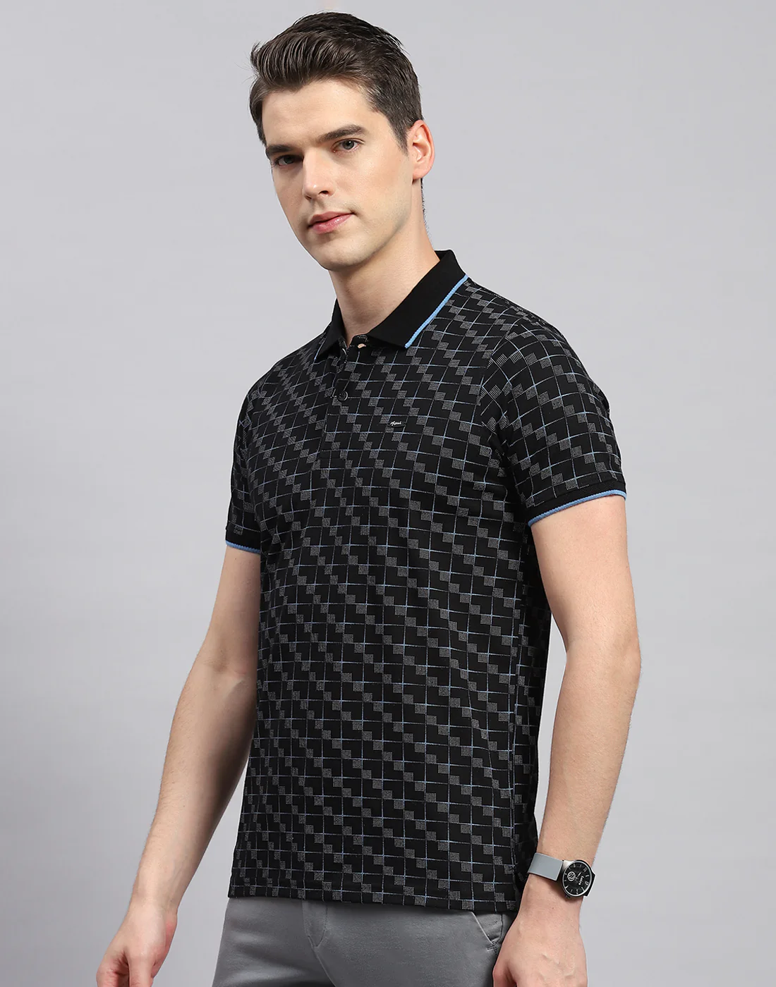 Men Black Printed Polo Collar Half Sleeve T-Shirt - Image 3