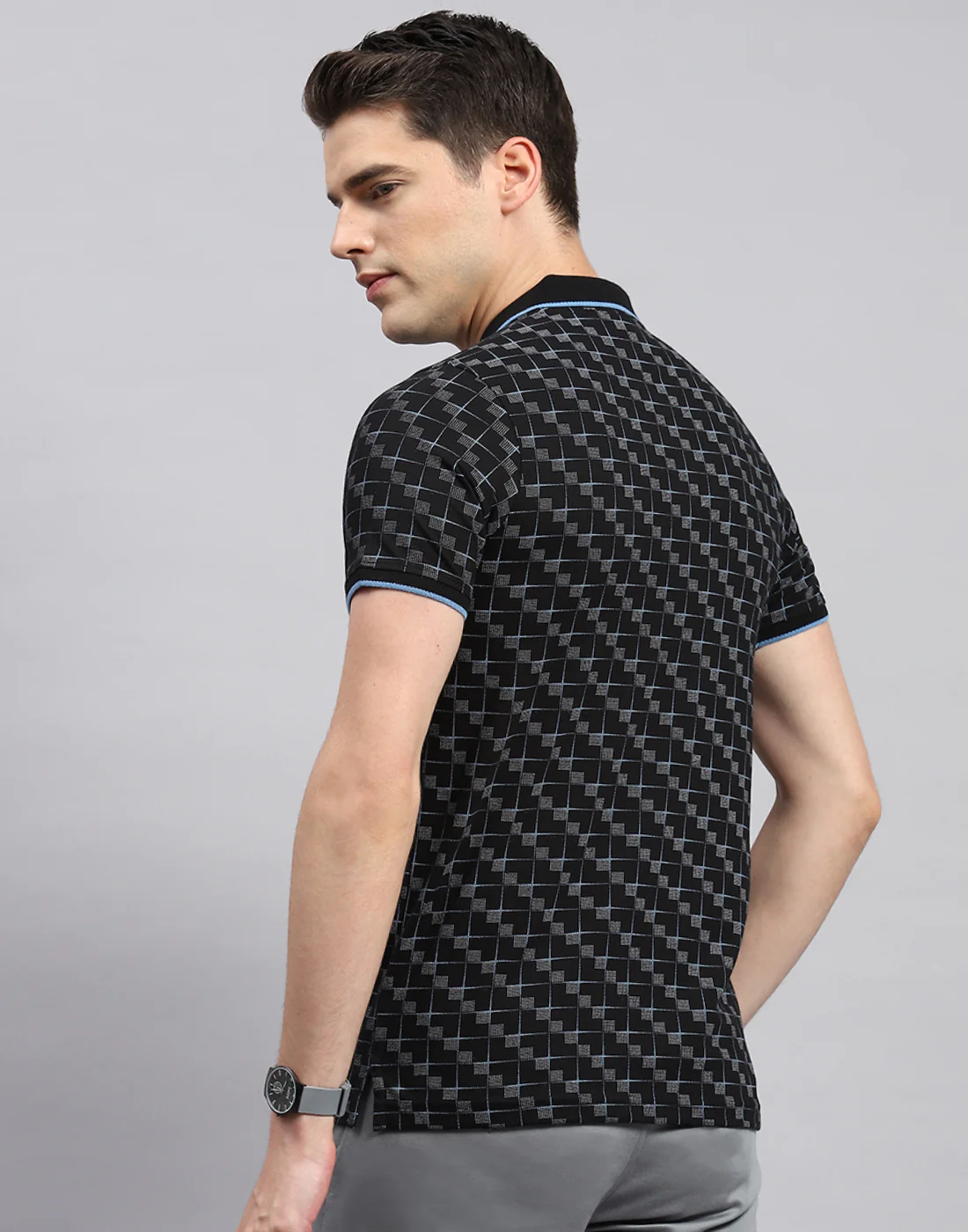 Men Black Printed Polo Collar Half Sleeve T-Shirt - Image 5