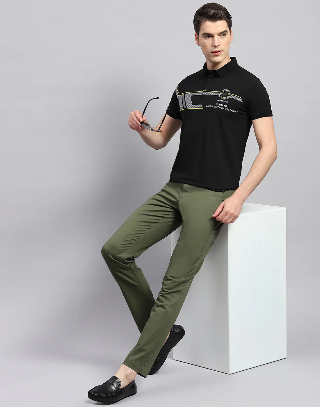 Men Black Printed Polo Collar Half Sleeve T-Shirt - Image 2