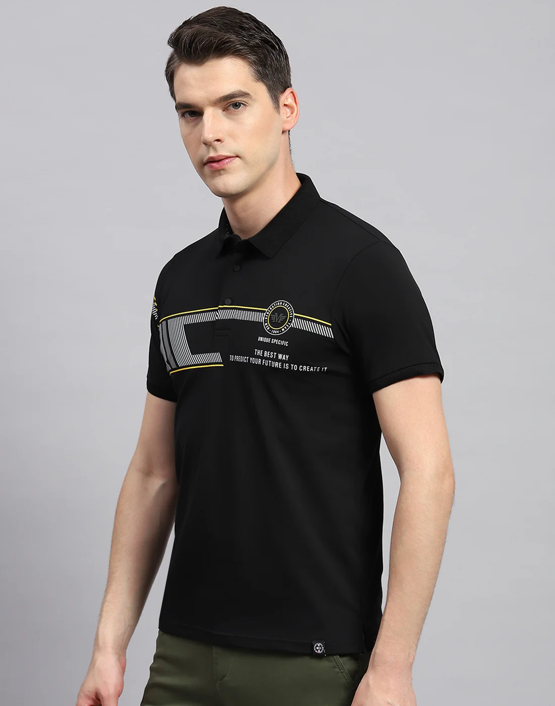 Men Black Printed Polo Collar Half Sleeve T-Shirt - Image 3