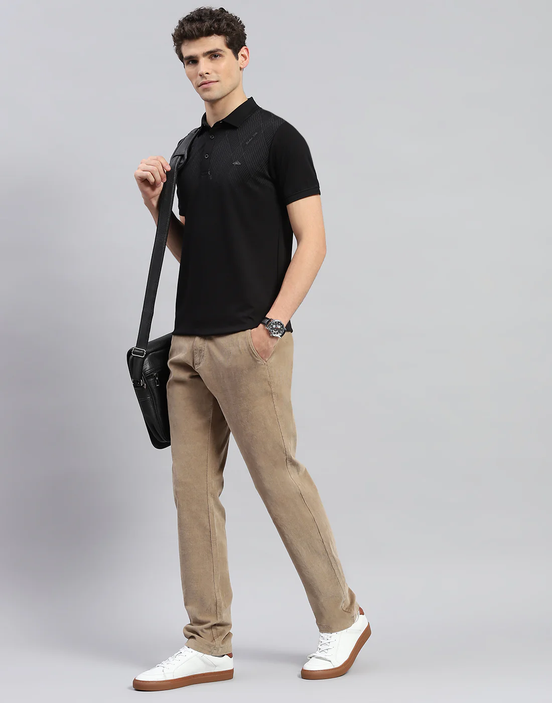 Men Black Printed Polo Collar Half Sleeve T-Shirt - Image 2
