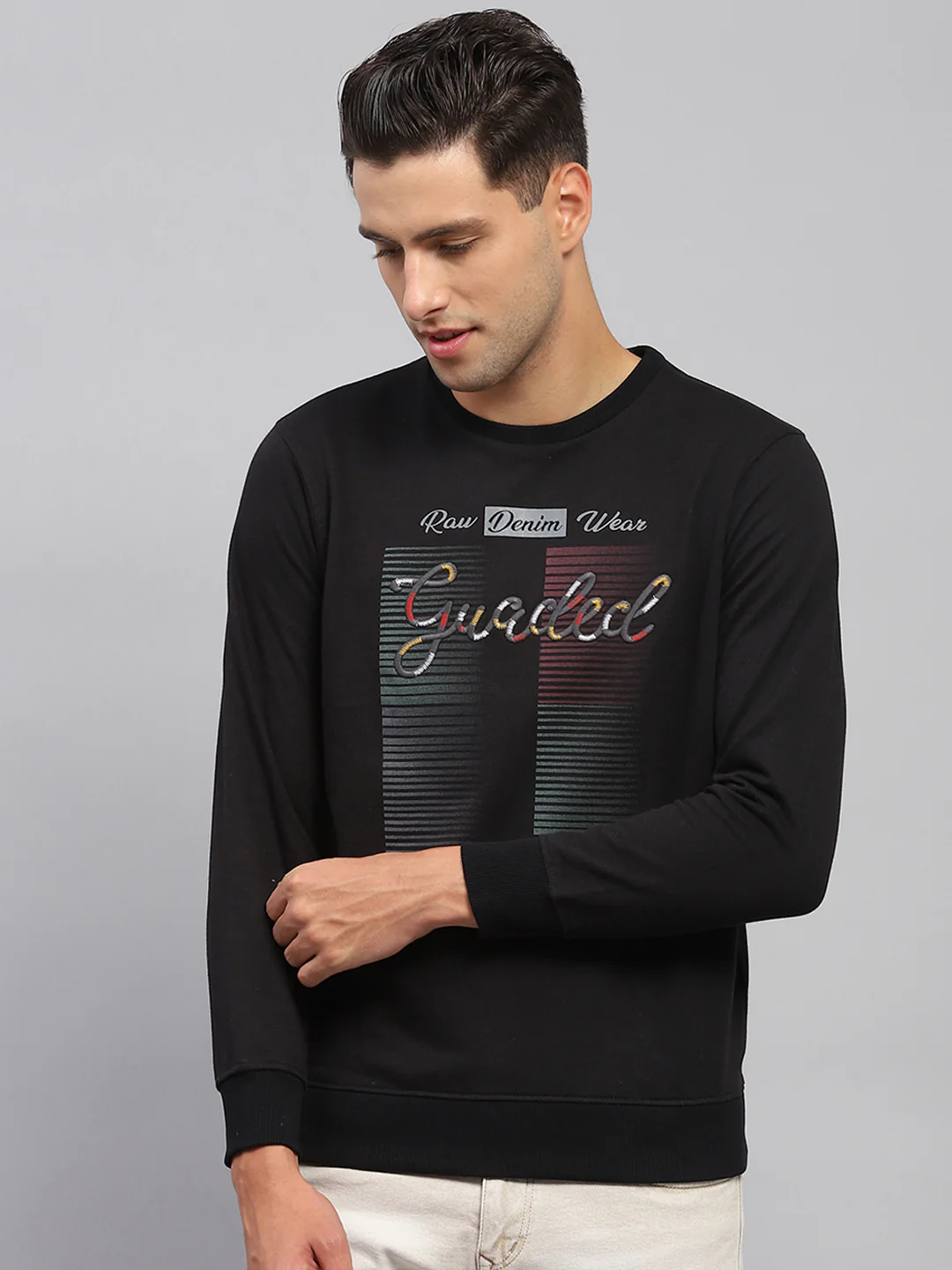 Men Black Printed Round Neck Full Sleeve Sweatshirt - Image 2