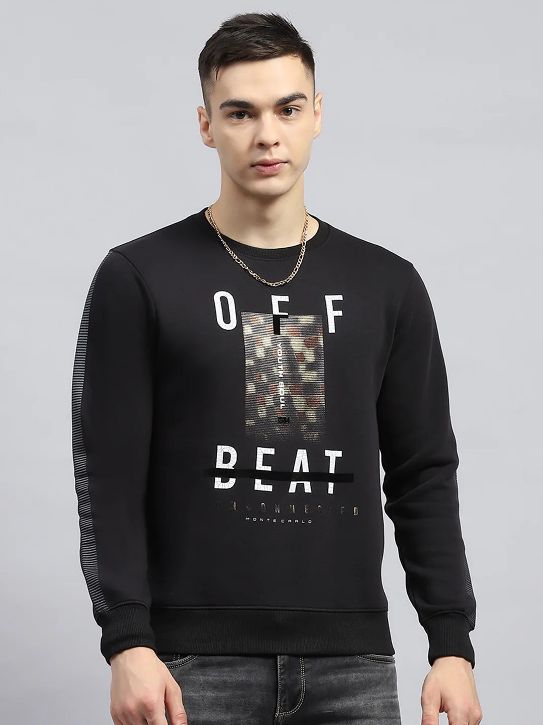 Men Black Printed Round Neck Full Sleeve Sweatshirt