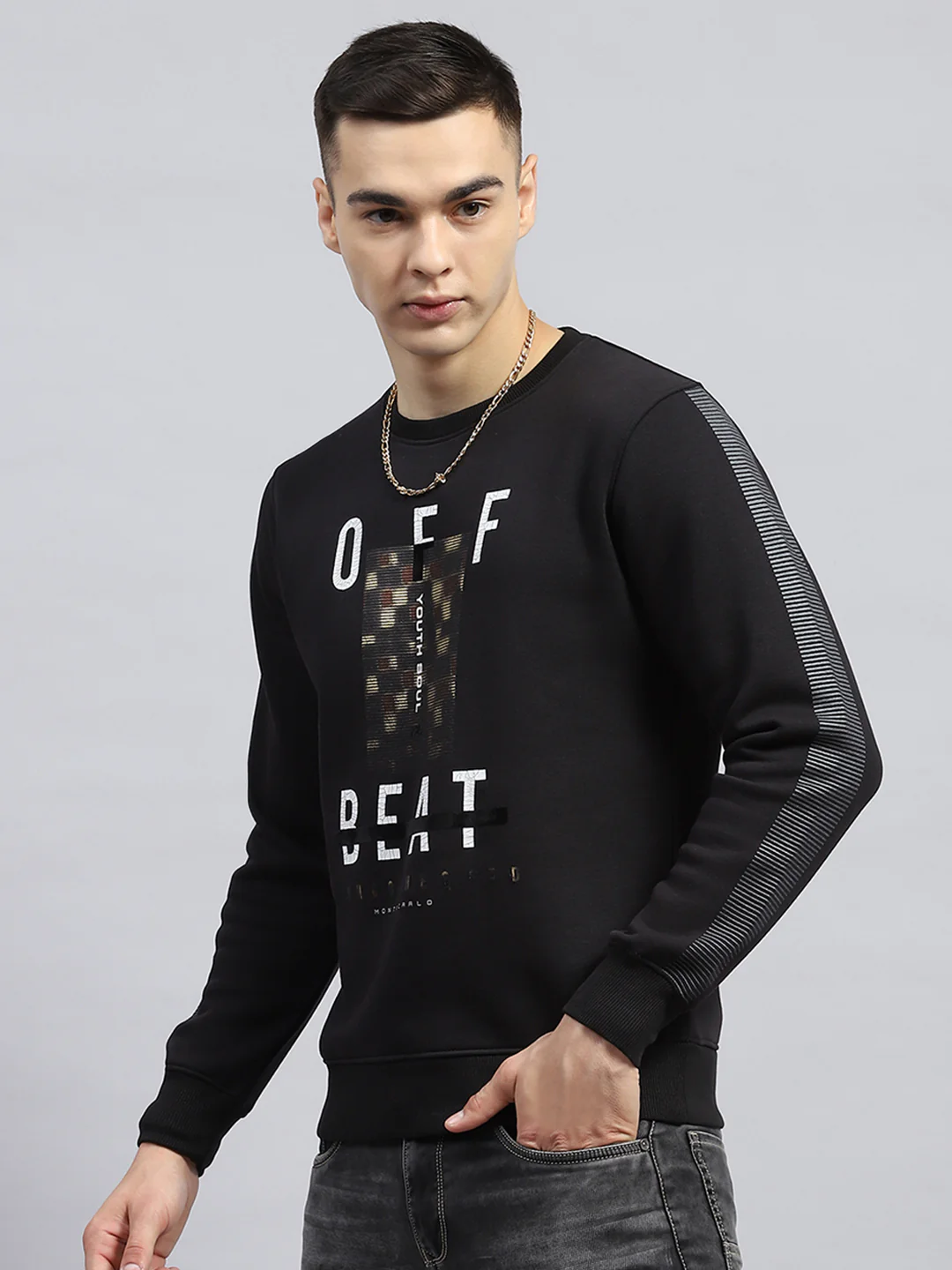 Men Black Printed Round Neck Full Sleeve Sweatshirt - Image 3