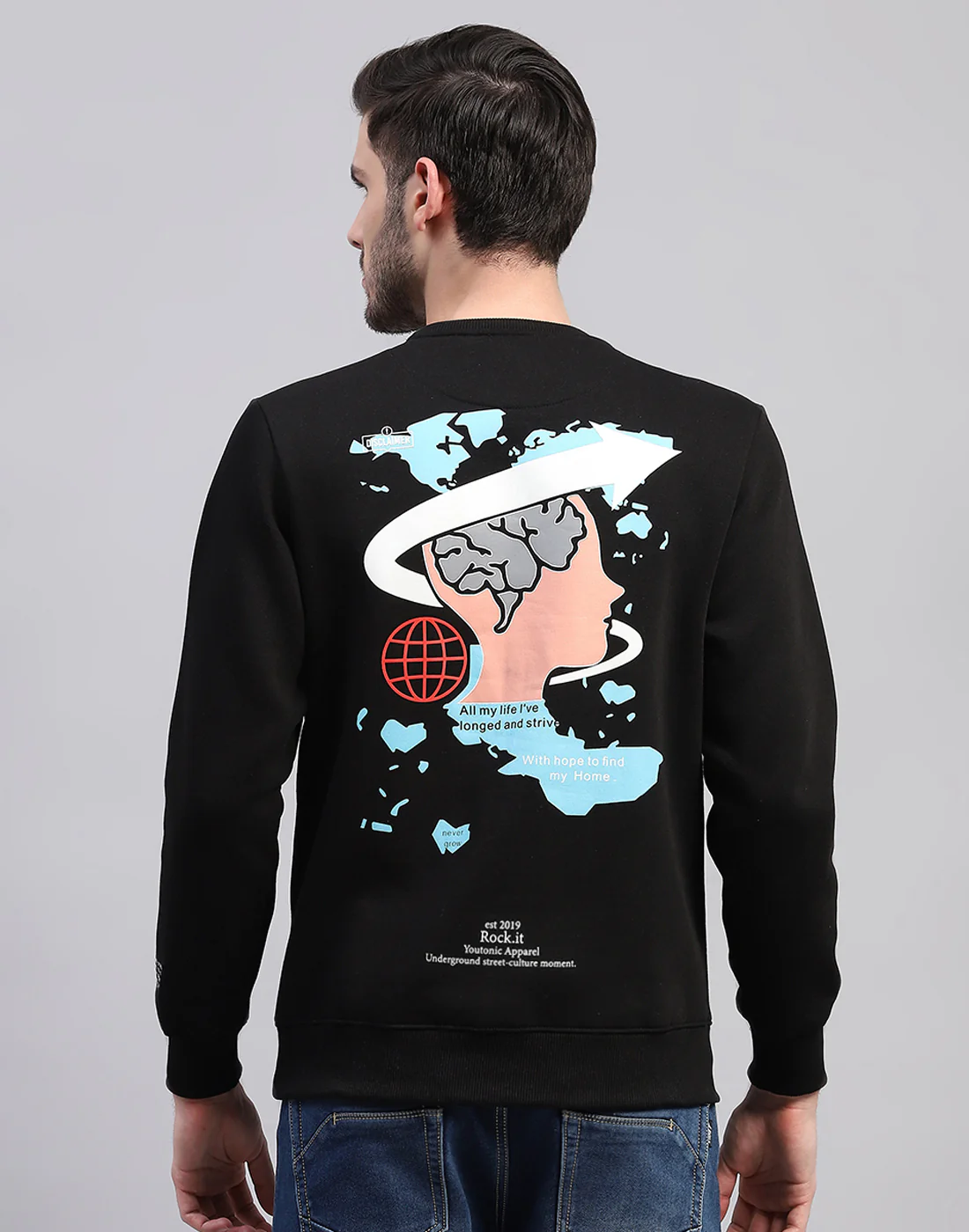 Rock.it Men Black Printed Round Neck Full Sleeve Sweatshirt - Image 5