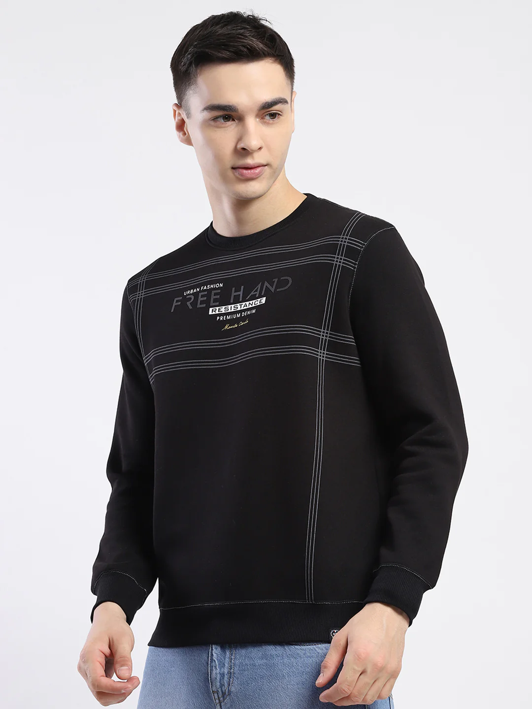 Men Black Printed Round Neck Full Sleeve Sweatshirt - Image 3