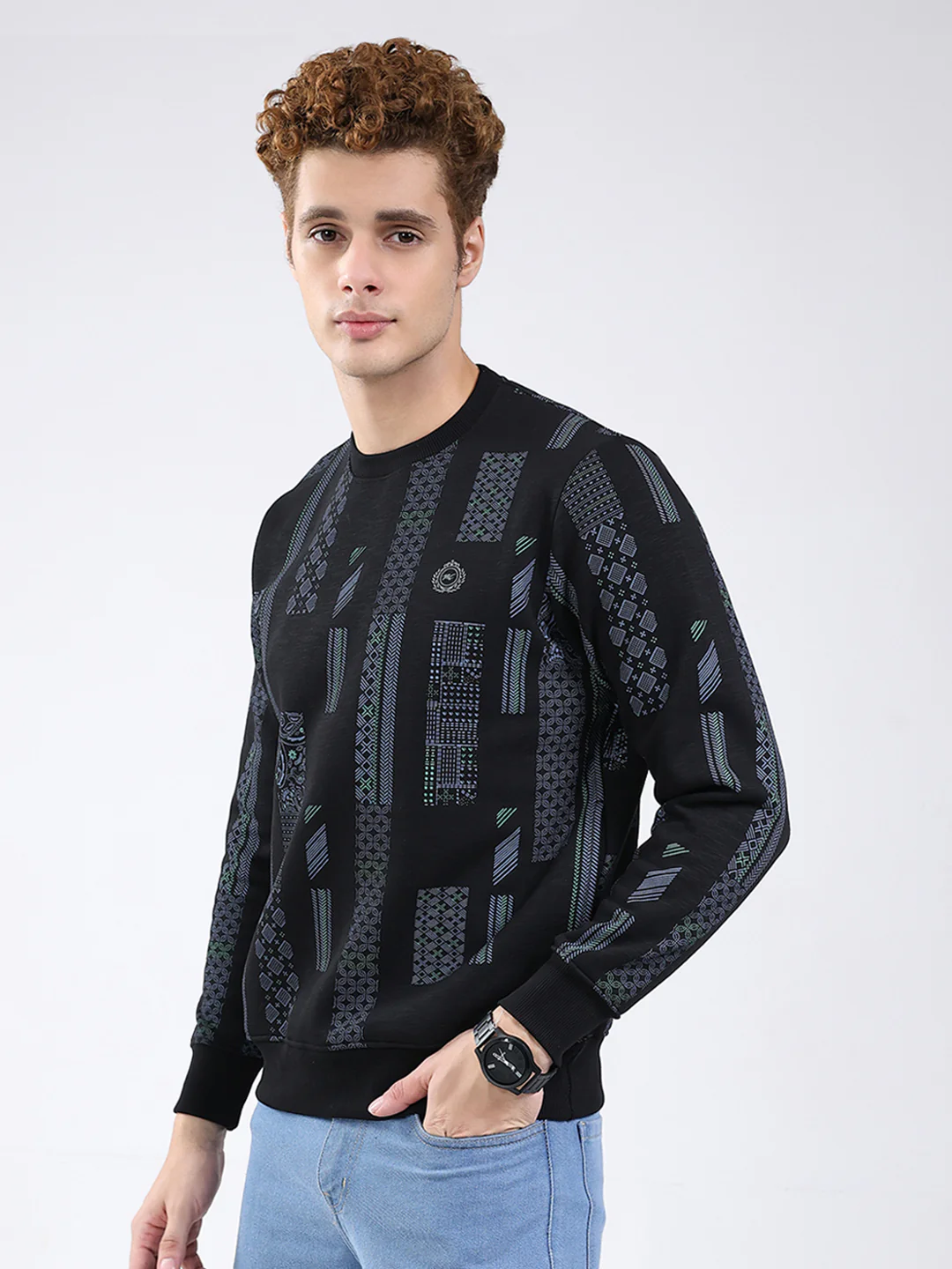 Men Black Printed Round Neck Full Sleeve Sweatshirt - Image 3