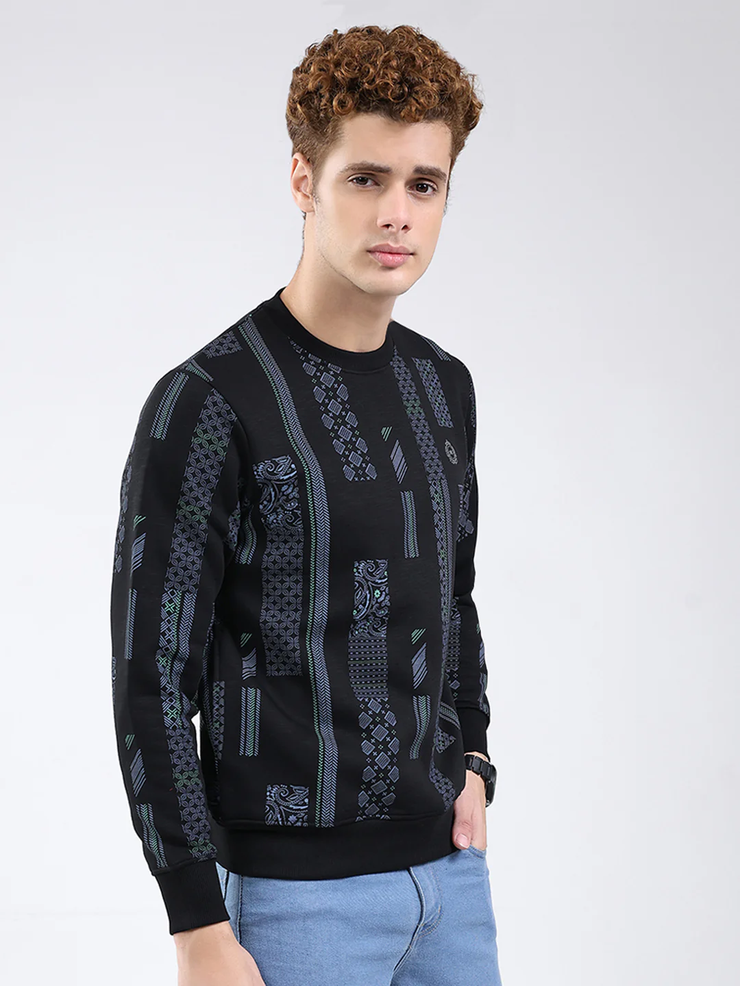 Men Black Printed Round Neck Full Sleeve Sweatshirt - Image 4