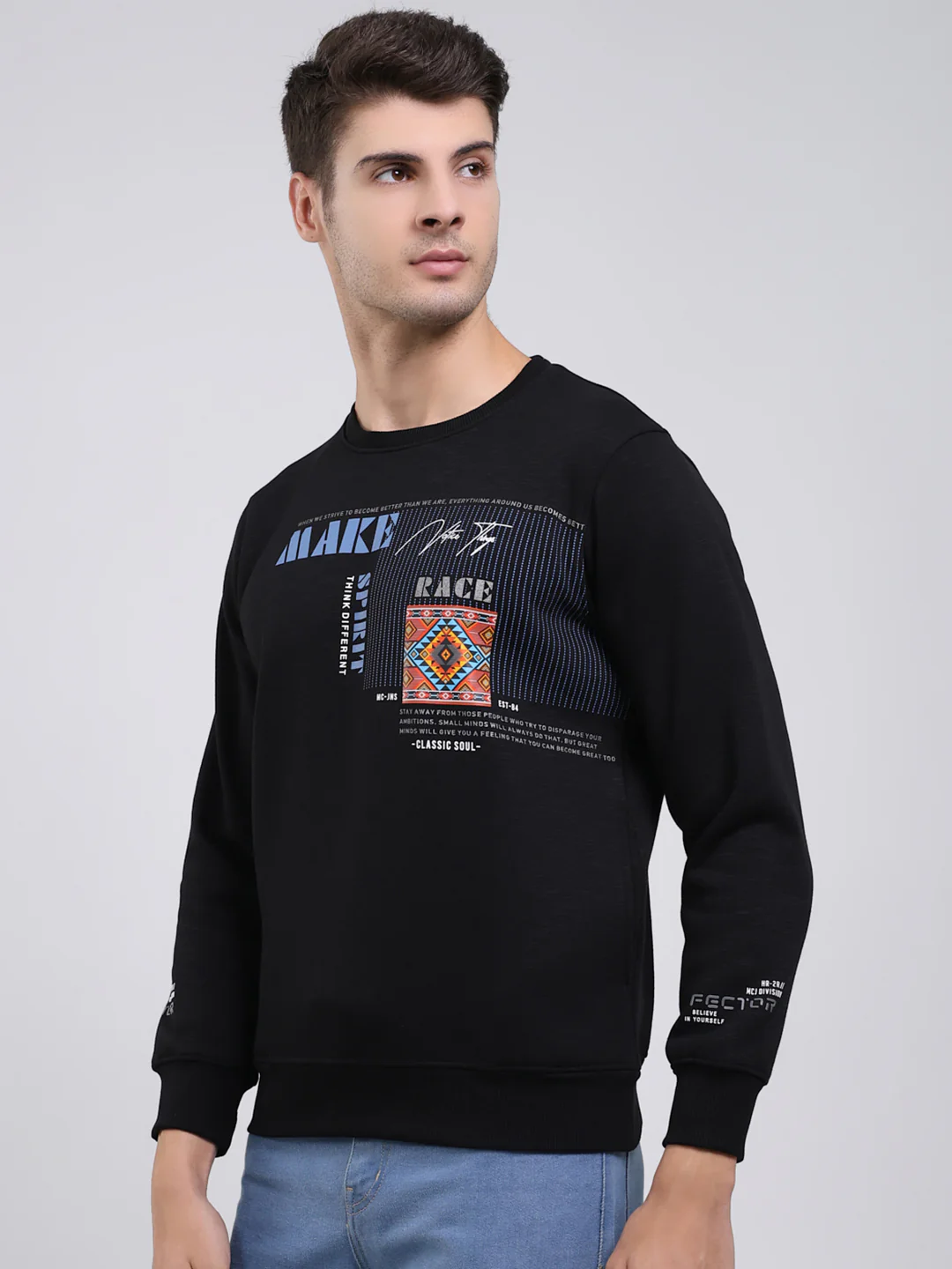 Men Black Printed Round Neck Full Sleeve Sweatshirt - Image 3