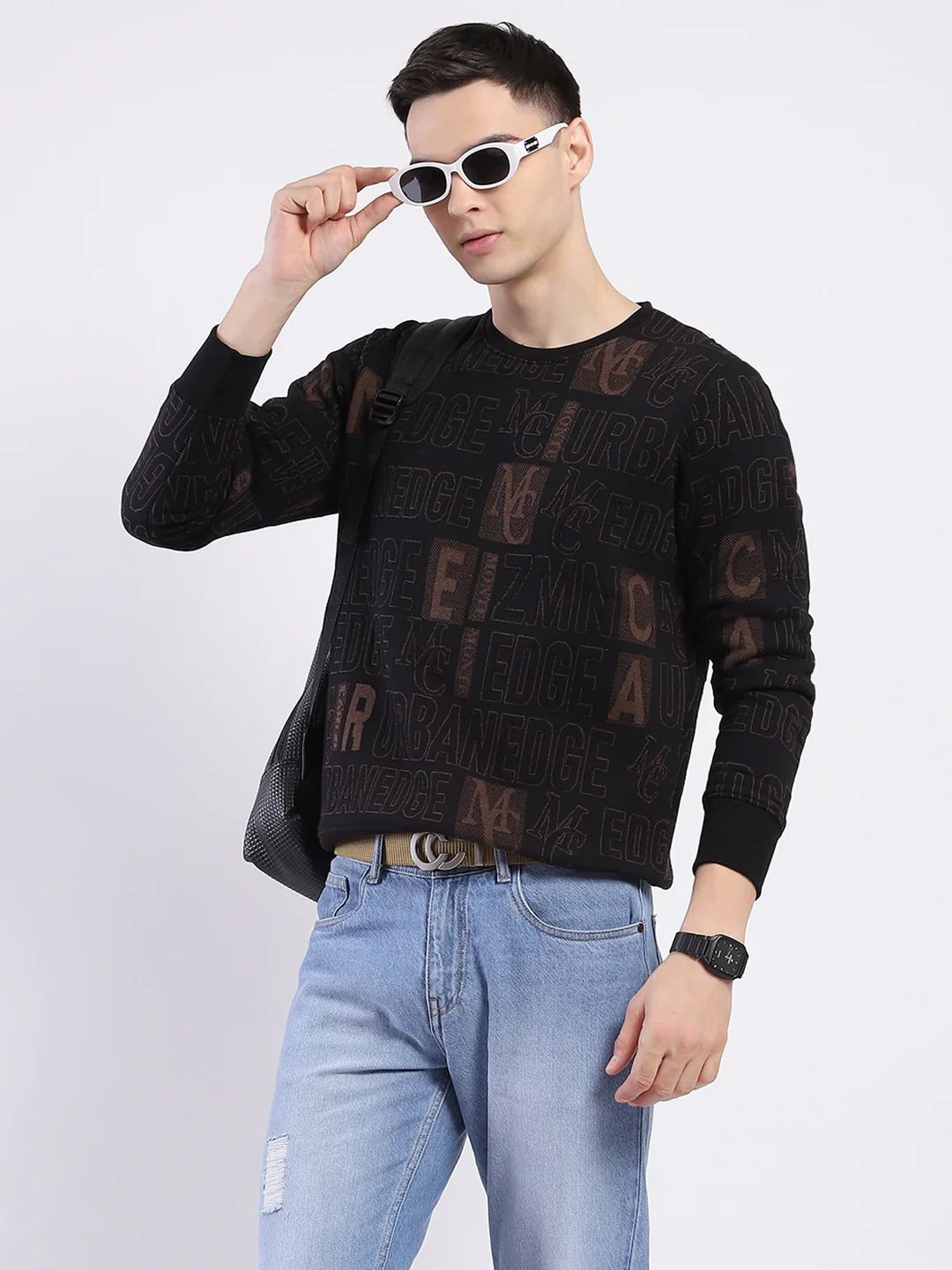 Men Black Printed Round Neck Full Sleeve Sweatshirt - Image 6