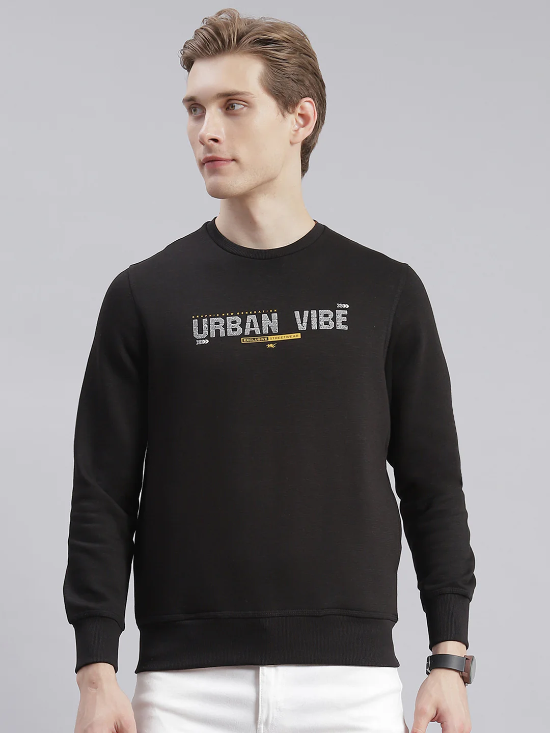 Men Black Printed Round Neck Full Sleeve Sweatshirts - Image 2