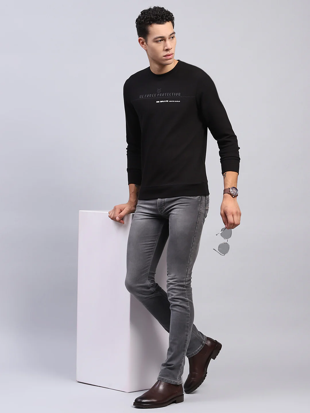 Men Black Printed Round Neck Full Sleeve Winter T-Shirt - Image 2
