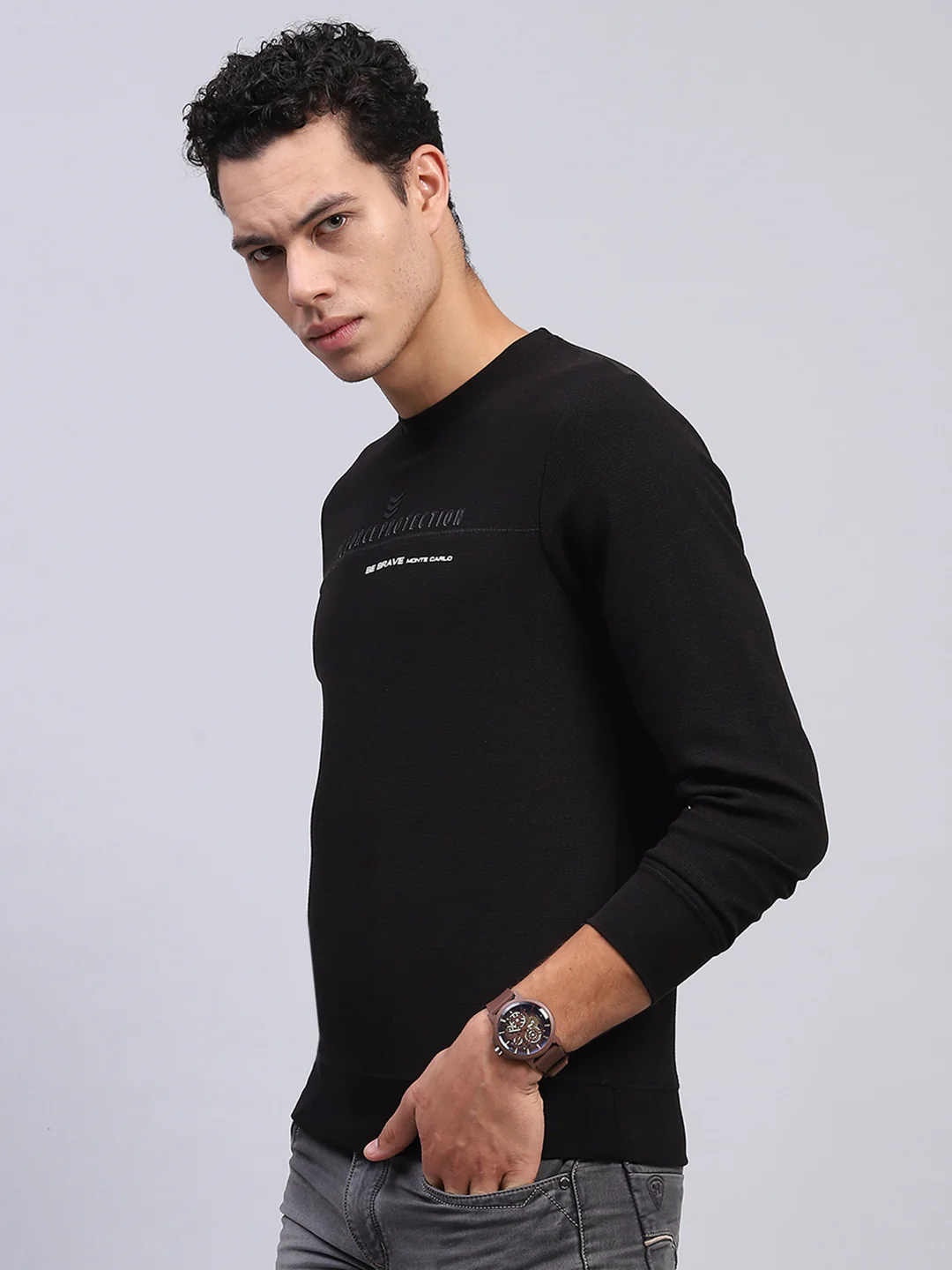 Men Black Printed Round Neck Full Sleeve Winter T-Shirt - Image 3