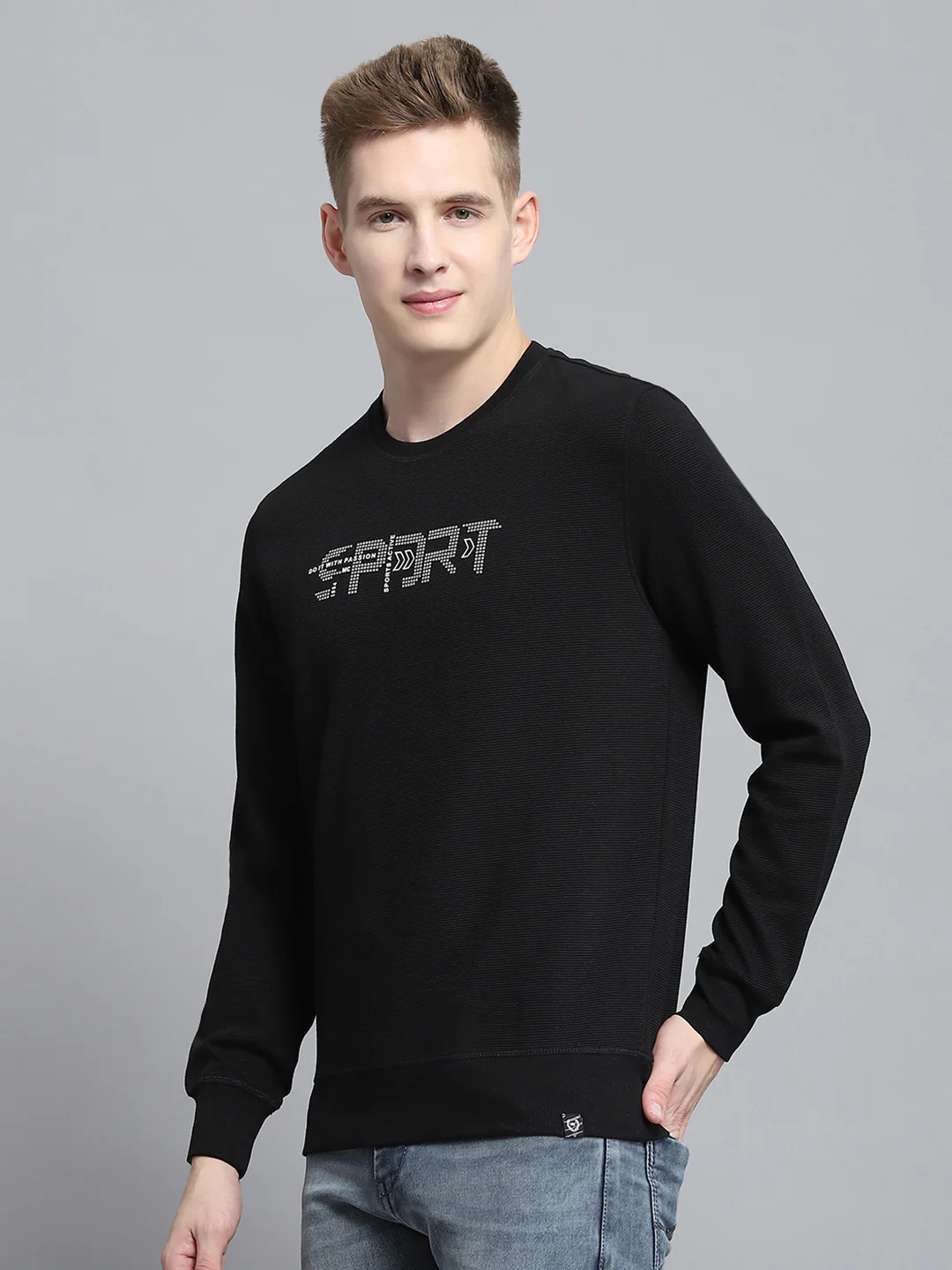 Men Black Printed Round Neck Full Sleeve Winter T-Shirt - Image 3