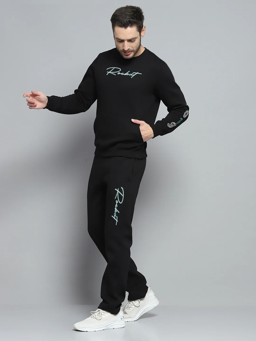 Rock.it Men Black Printed Round Neck Full Sleeve Winter Tracksuit - Image 3