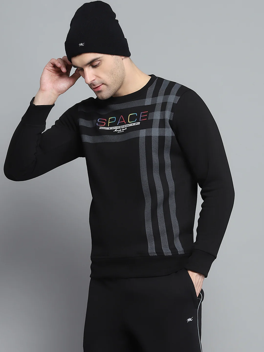 Men Black Printed Round Neck Full Sleeve Winter Tracksuit - Image 6