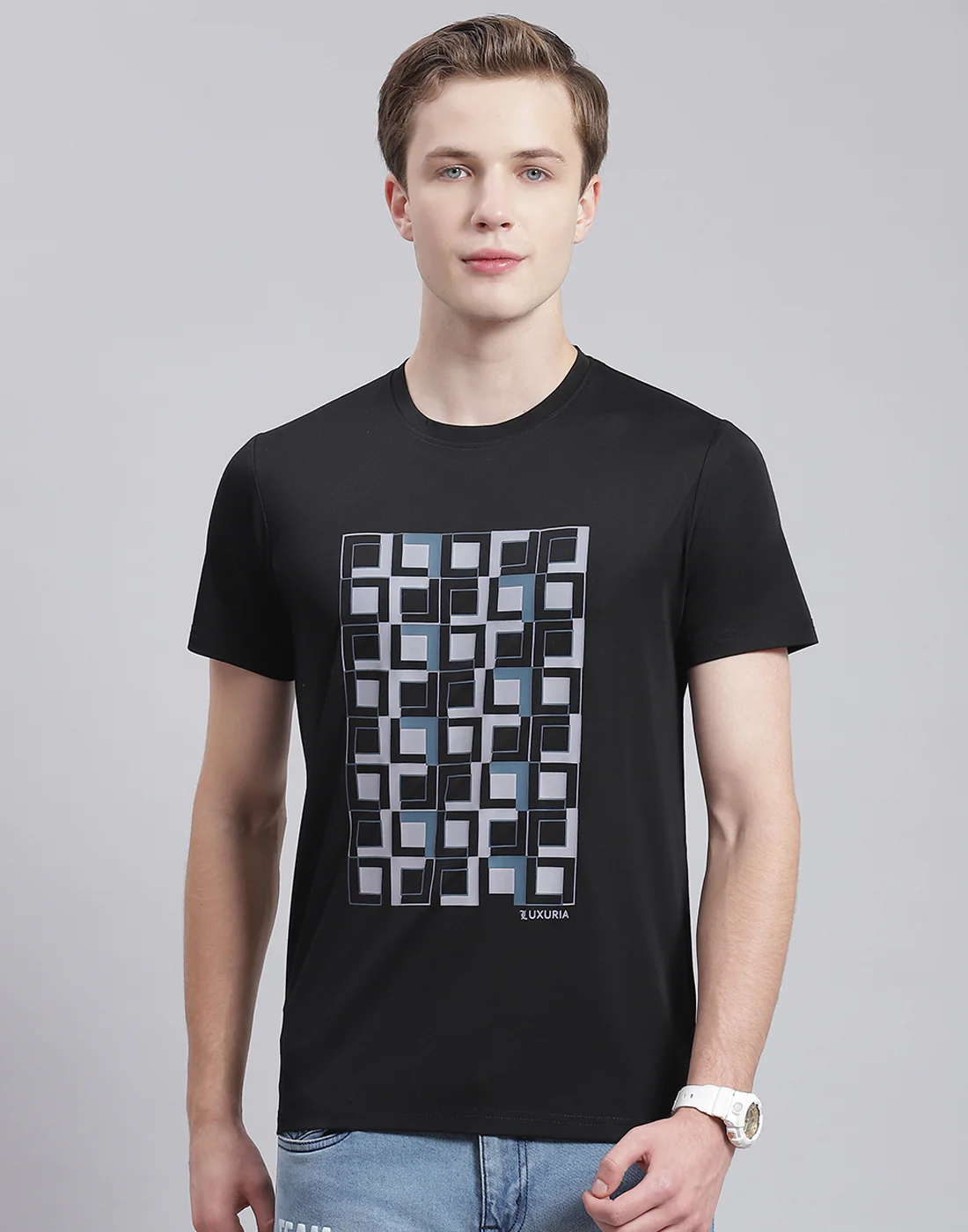 Men Black Printed Round Neck Half Sleeve T-Shirt - Image 2