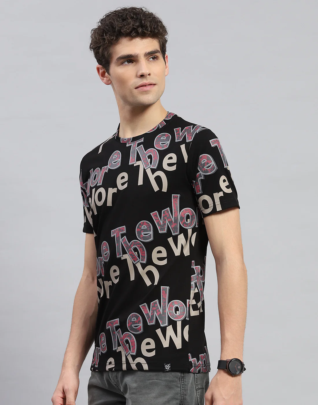 Men Black Printed Round Neck Half Sleeve T-Shirt - Image 3