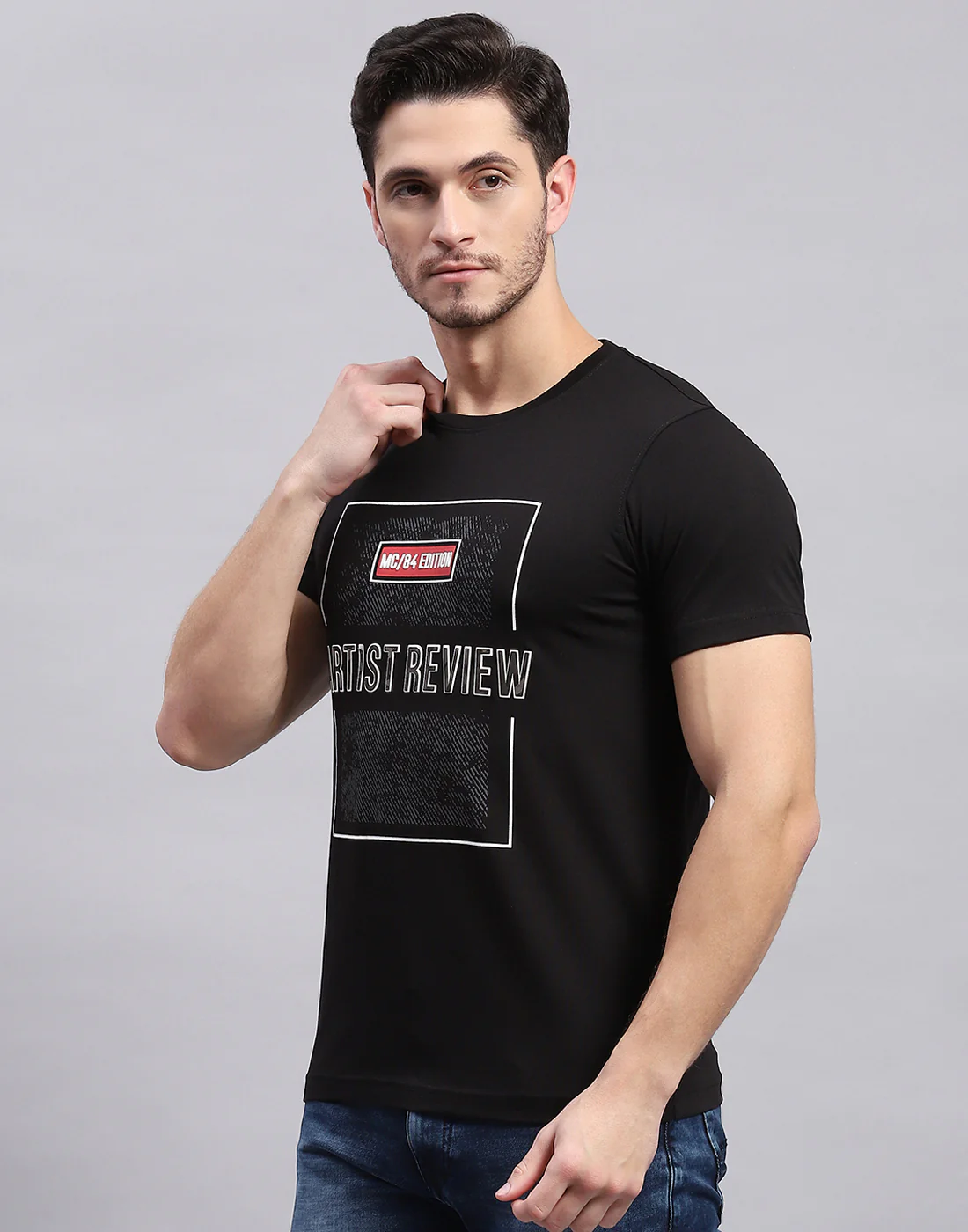 Men Black Printed Round Neck Half Sleeve T-Shirt - Image 3