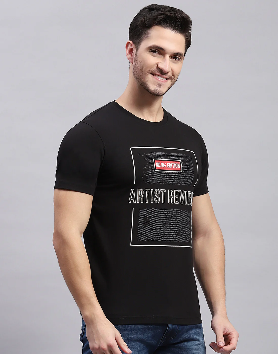 Men Black Printed Round Neck Half Sleeve T-Shirt - Image 4