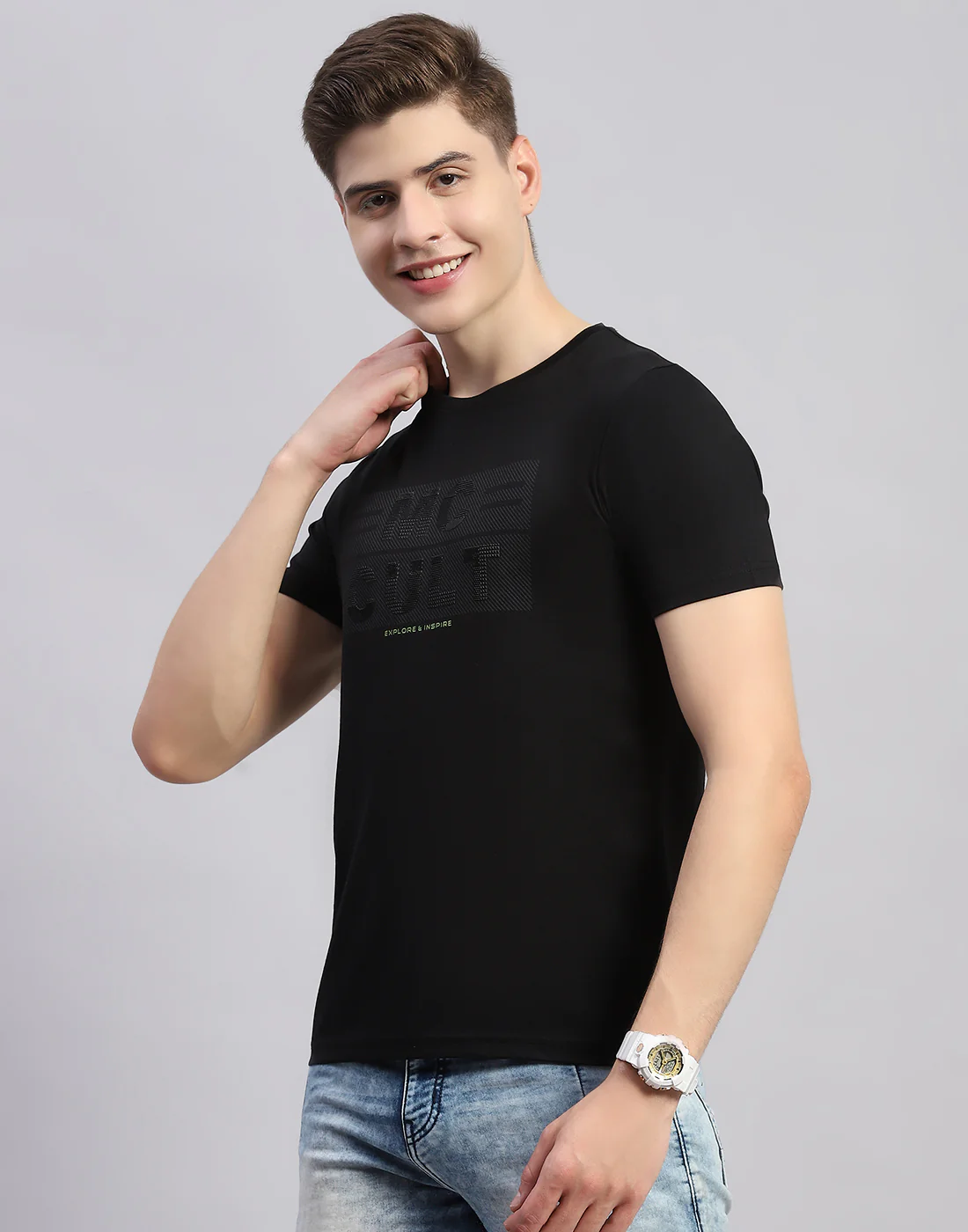Men Black Printed Round Neck Half Sleeve T-Shirt - Image 3