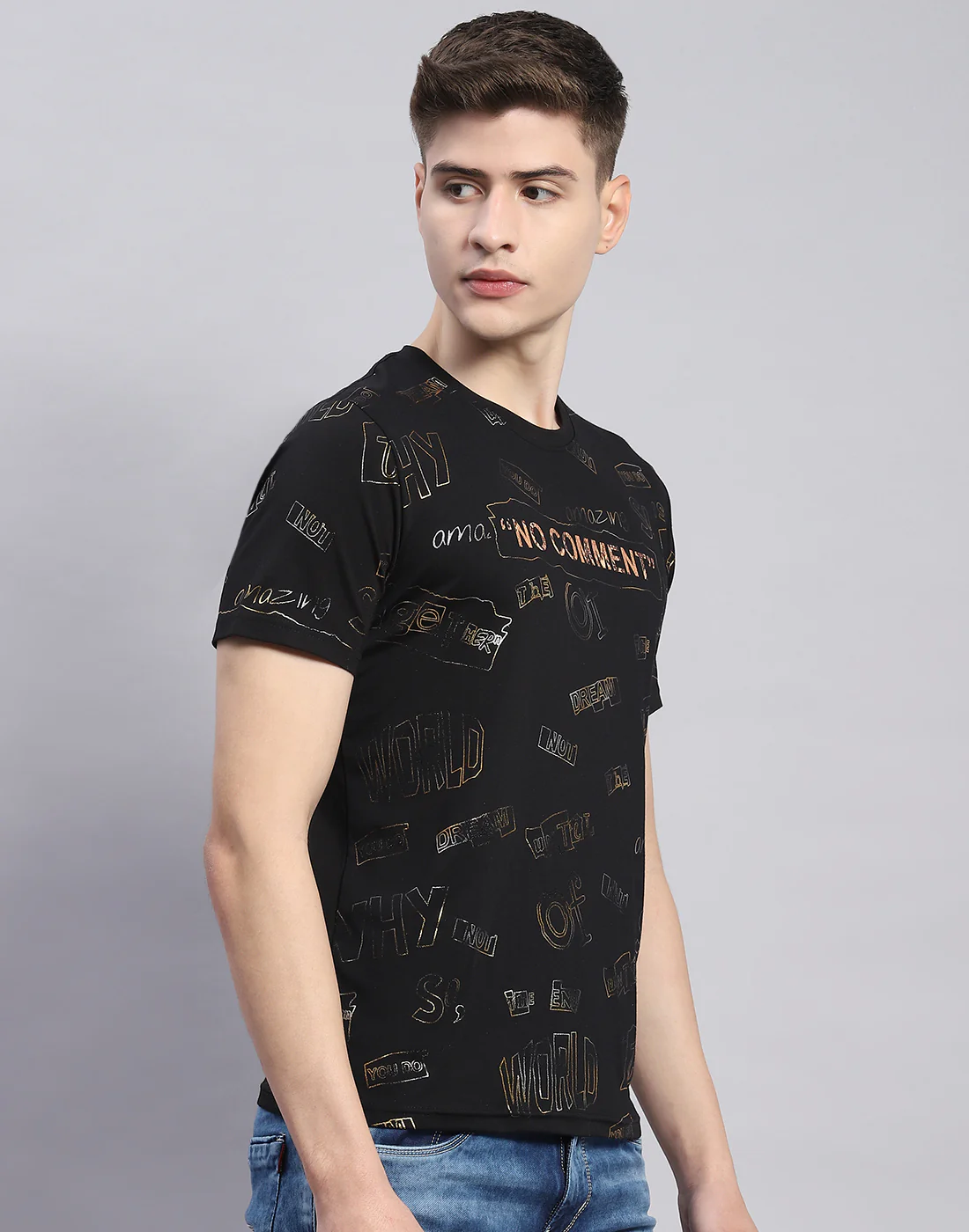 Men Black Printed Round Neck Half Sleeve T-Shirt - Image 4