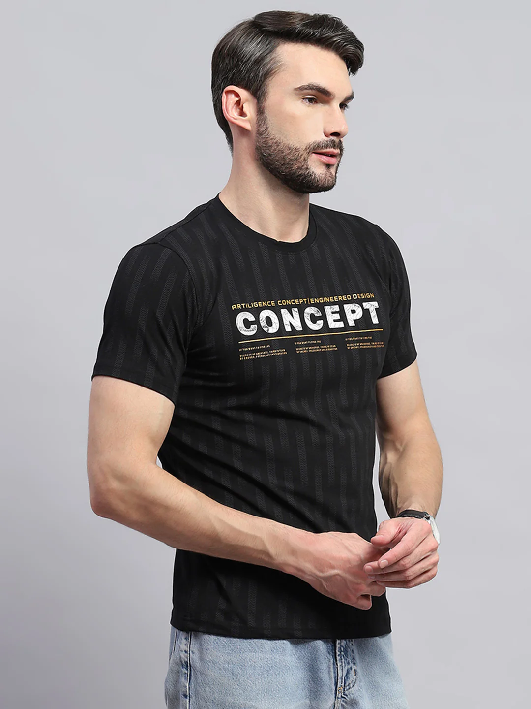 Men Black Printed Round Neck Half Sleeve T-Shirt - Image 4