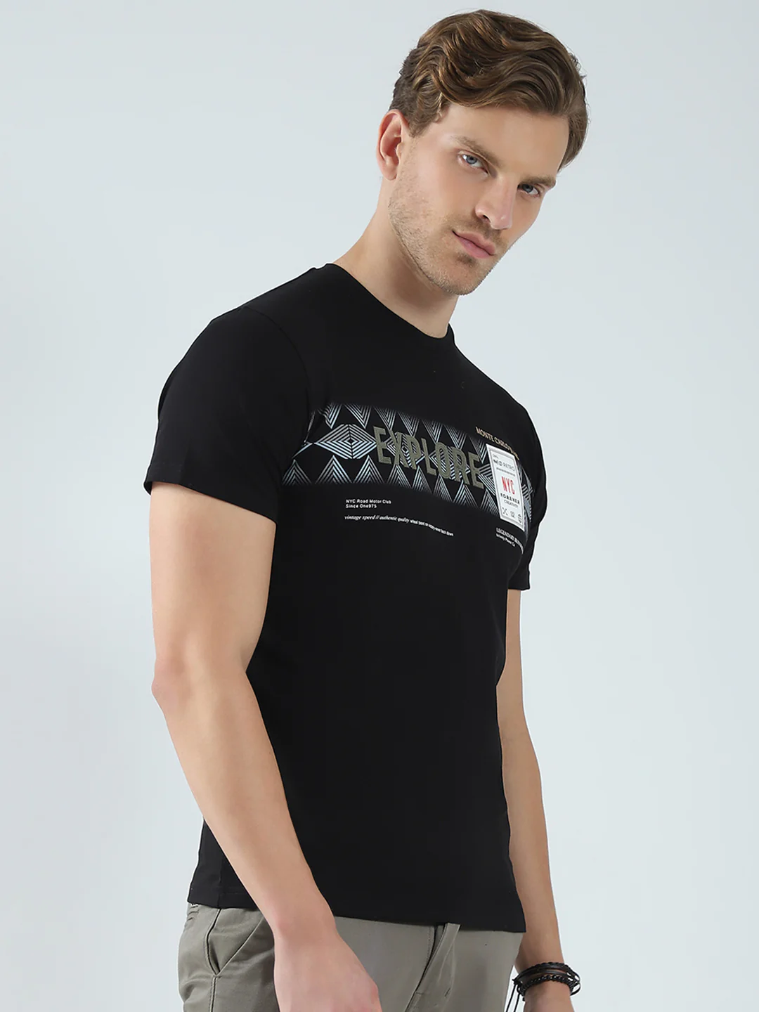 Men Black Printed Round Neck Half Sleeve T-Shirt - Image 4