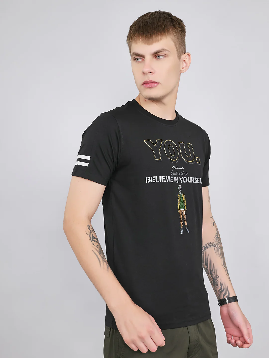 Men Black Printed Round Neck Half Sleeve T-Shirt - Image 3