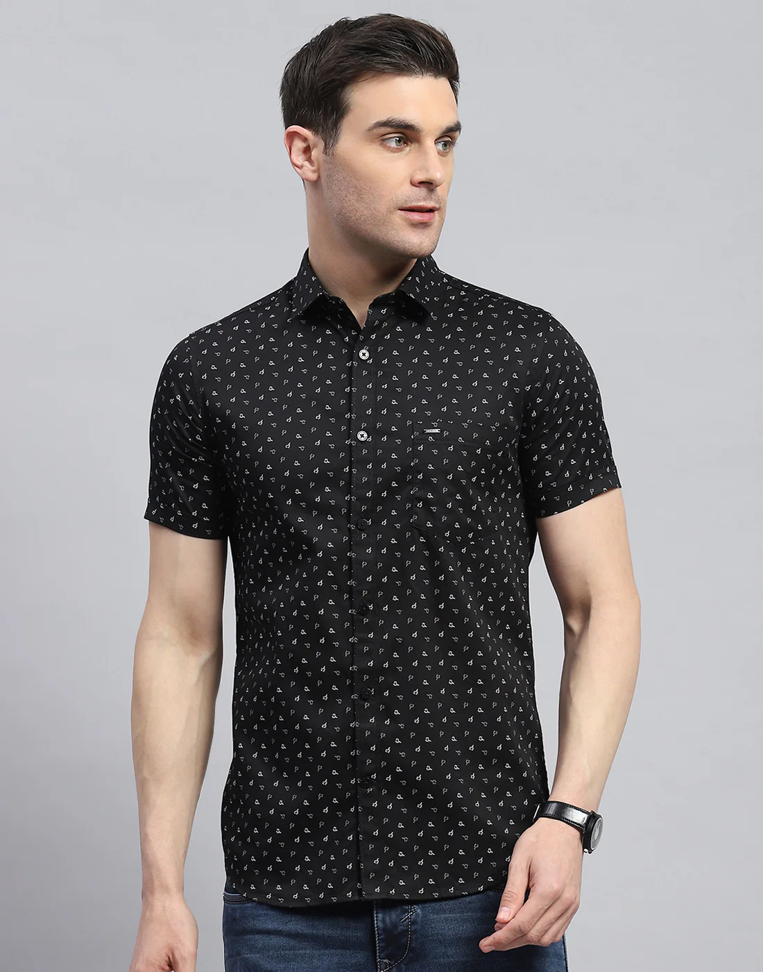 Men Black Printed Spread Collar Half Sleeve Shirt - Image 3