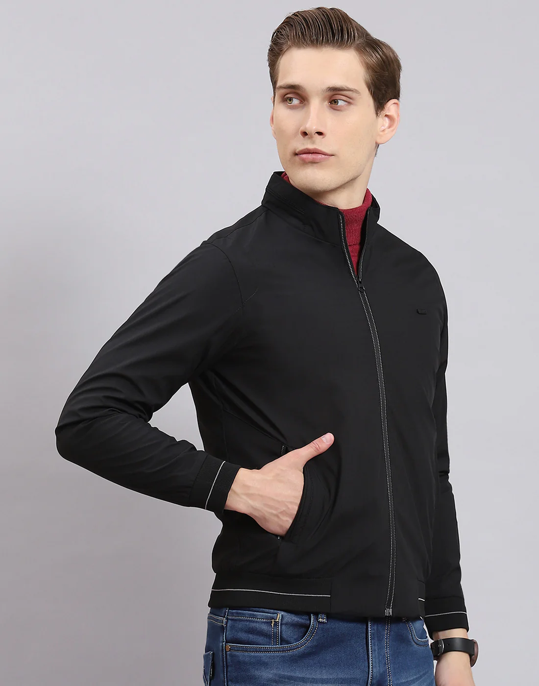 Men Black Printed Stand Collar Full Sleeve Jacket - Image 4