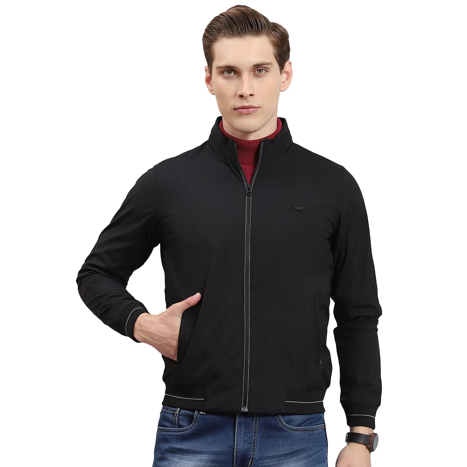 Men Black Printed Stand Collar Full Sleeve Jacket - Image 5