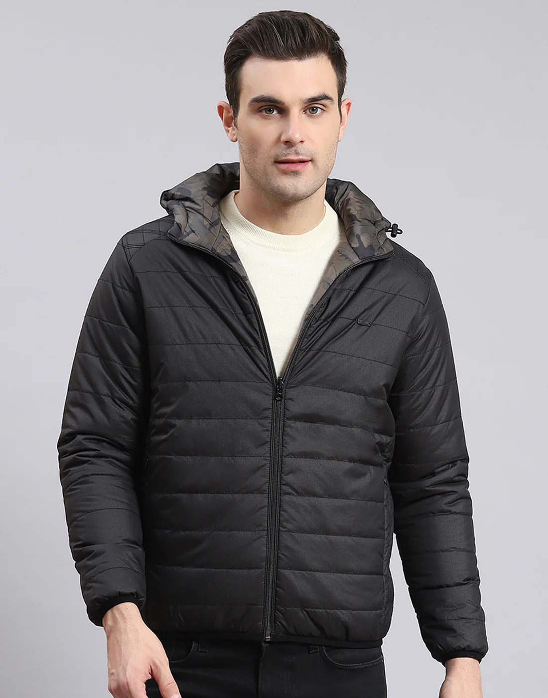 Men Black Printed Stand Collar Full Sleeve Jacket - Image 3