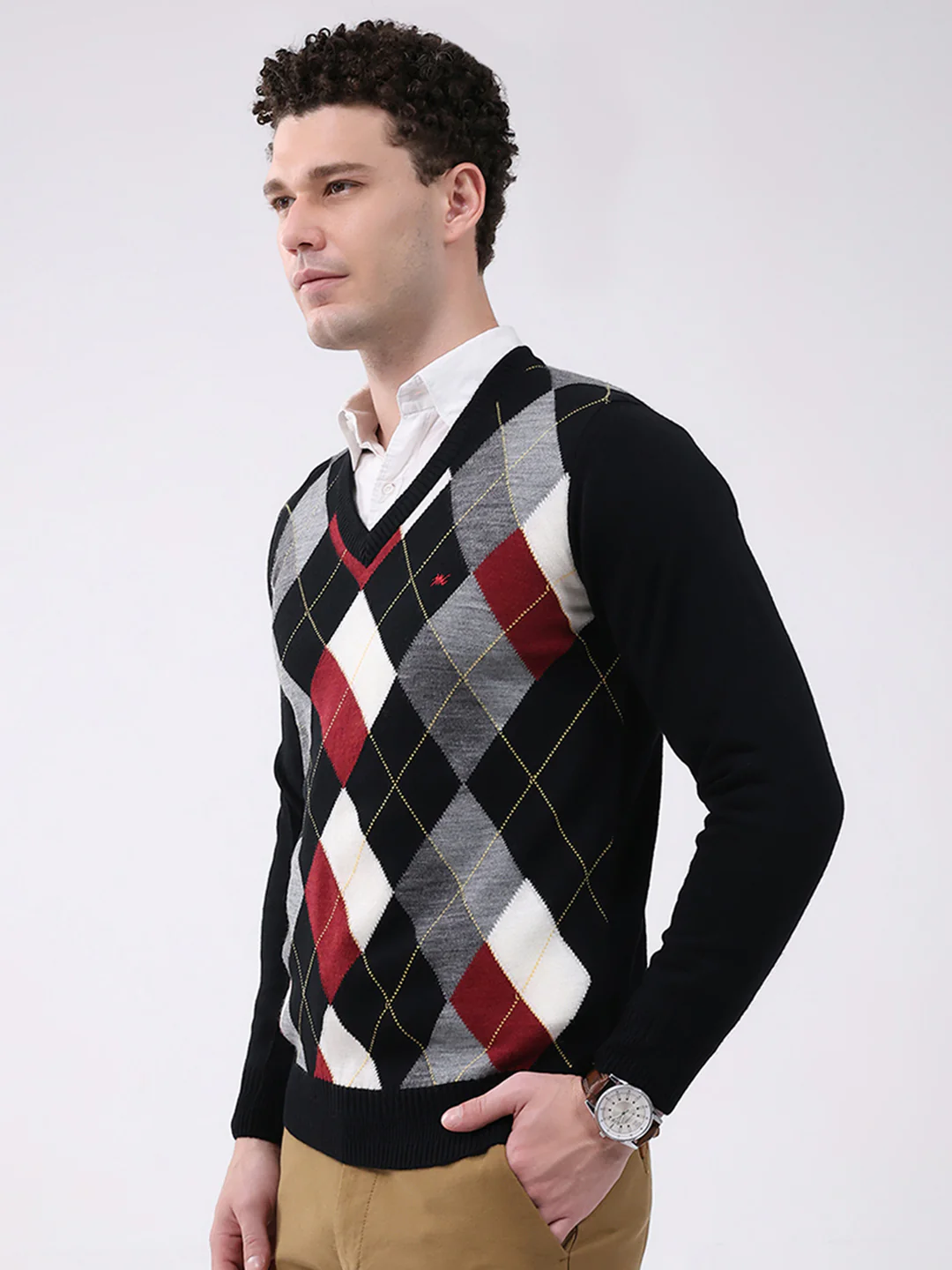 Men Black Printed V Neck Full Sleeve Pullover - Image 3