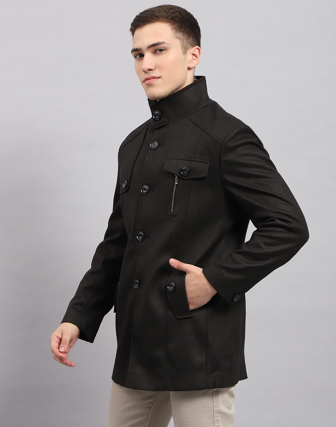 Men Black Self Design Band Collar Full Sleeve Coat - Image 3