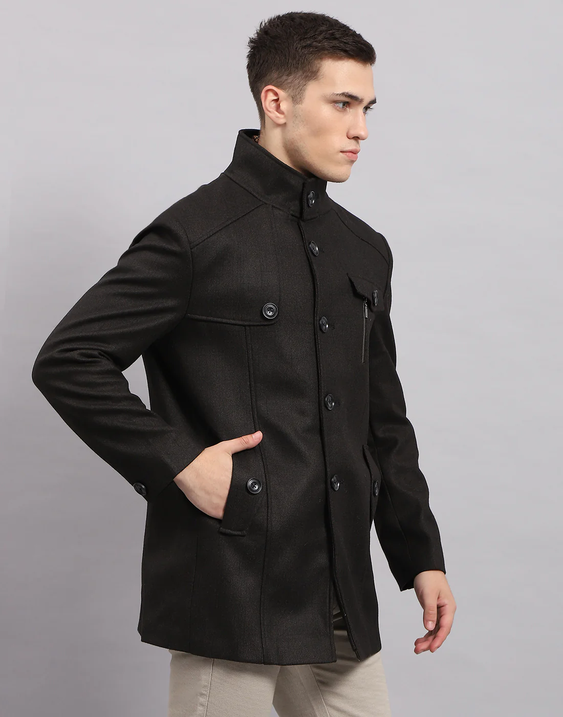 Men Black Self Design Band Collar Full Sleeve Coat - Image 4